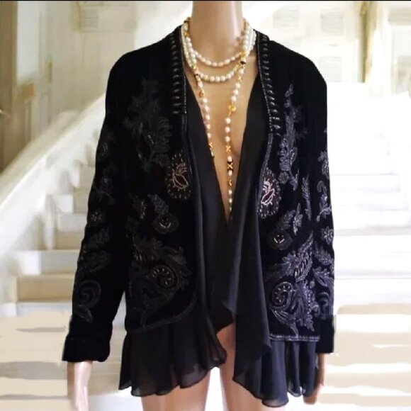 Fantasy Chiffon Ruffles Floral Embroidered Beading Black Velvet Jacket Sz M - Picture 1 of 10